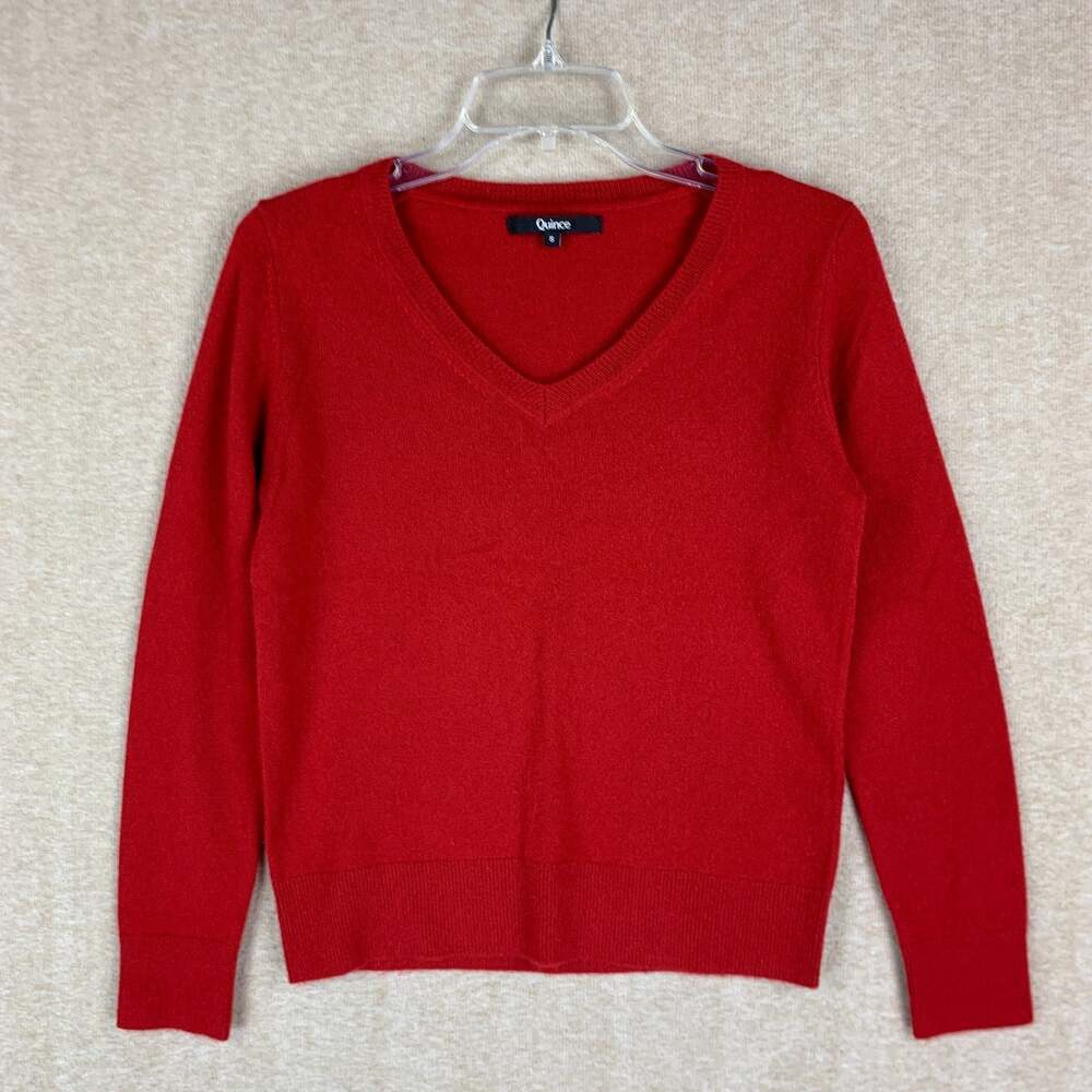 Quince 100% Cashmere V-Neck Sweater Size S Rich Red Mongolian Pullover Luxury